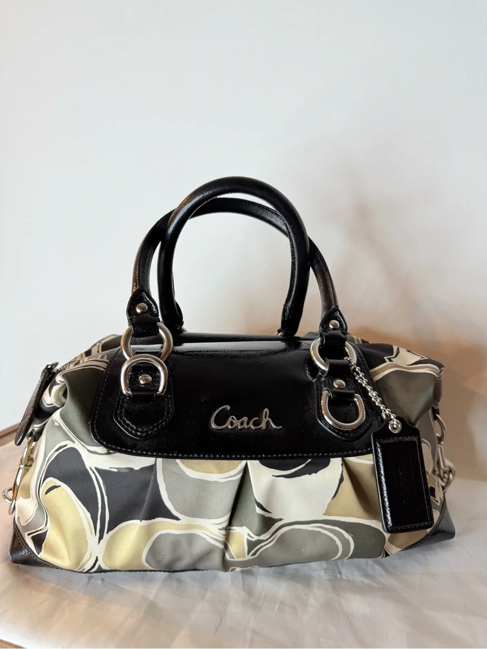 Coach (2011) Ashley Scarf Print Satin Satchel Bag- Black